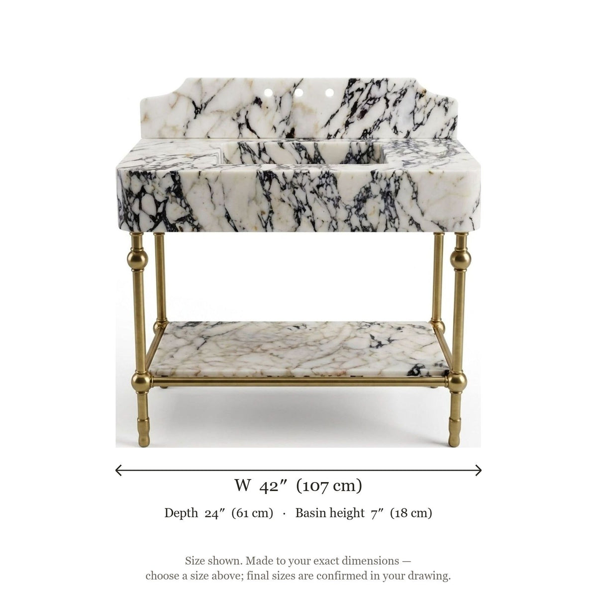 Calacatta Viola Marble Sink with Brass Stand and Backsplash — dimensions — view 5
