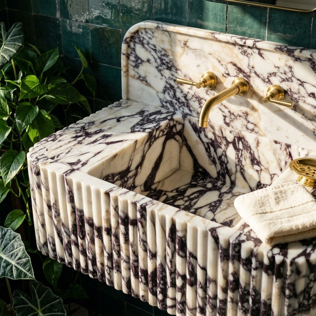 Calacatta Viola Fluted Marble Sink with Backsplash — premium — view 2