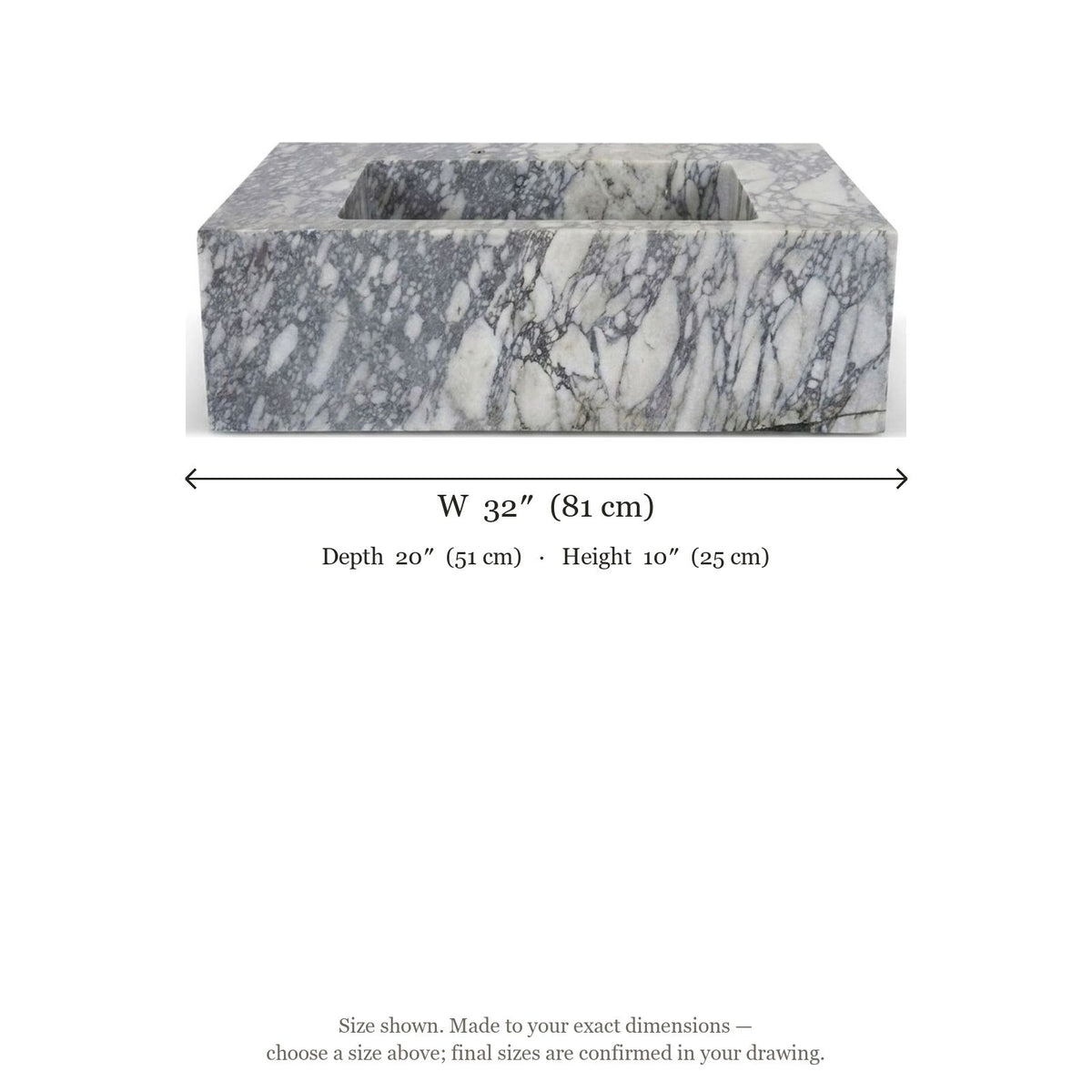 Calacatta Viola Rectangular Honed Marble Sink with 3 Faucet Holes — dimensions — view 5