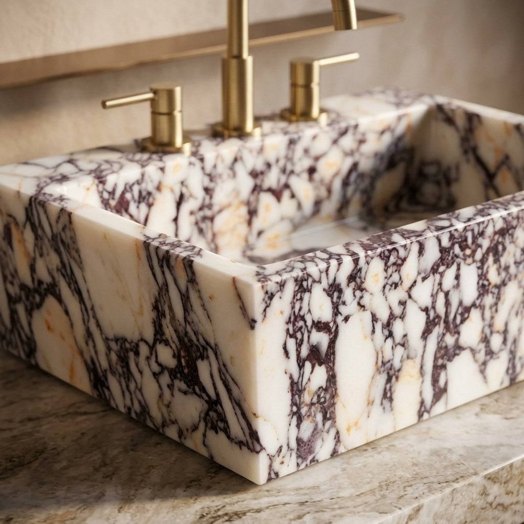 Calacatta Viola Polished Marble Sink with 3 Faucet Holes — marble detail — view 3