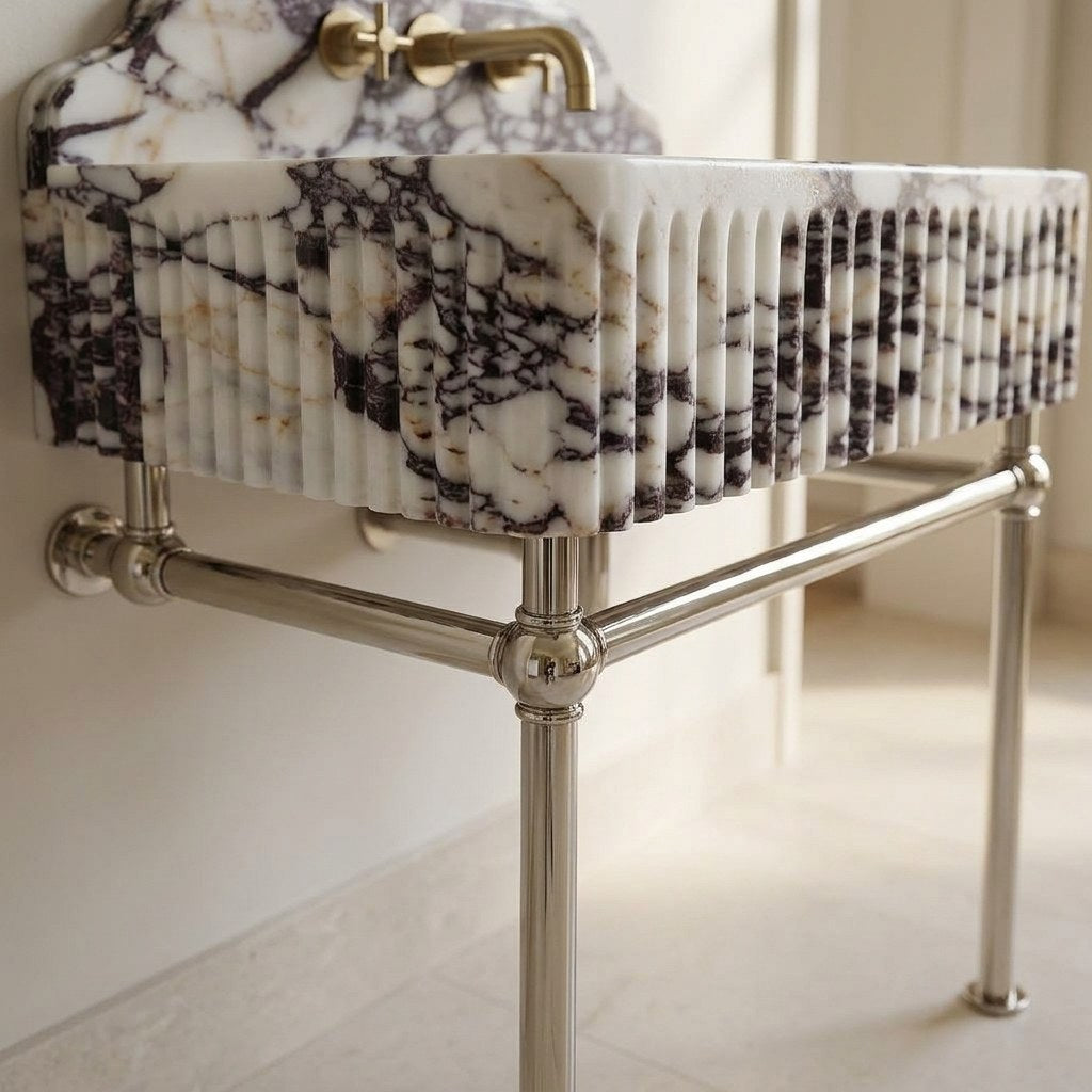 Calacatta Viola Fluted Marble Sink with Metal Stand and Backsplash — detail — view 3
