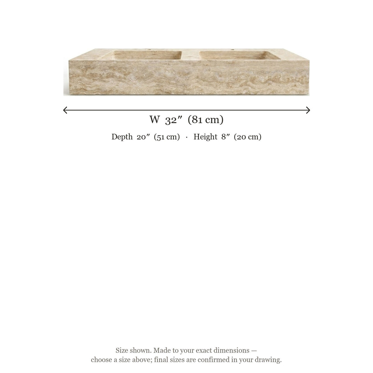 Travertine Double Basin Polished Stone Sink — dimensions — view 4