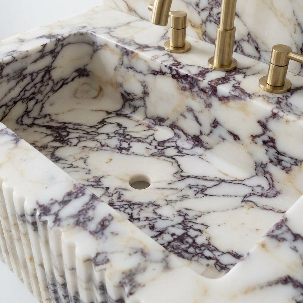 Calacatta Viola Fluted Marble Sink with Backsplash — detail — view 3