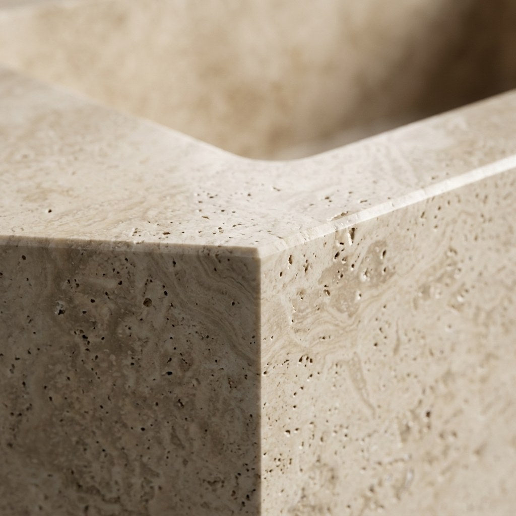 Polished Travertine Geometric Sink with Champagne Gold Base — marble detail — view 3