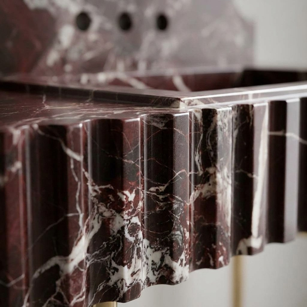 Cherry Red Fluted Marble Sink with Backsplash and Brass Stand — marble detail — view 3