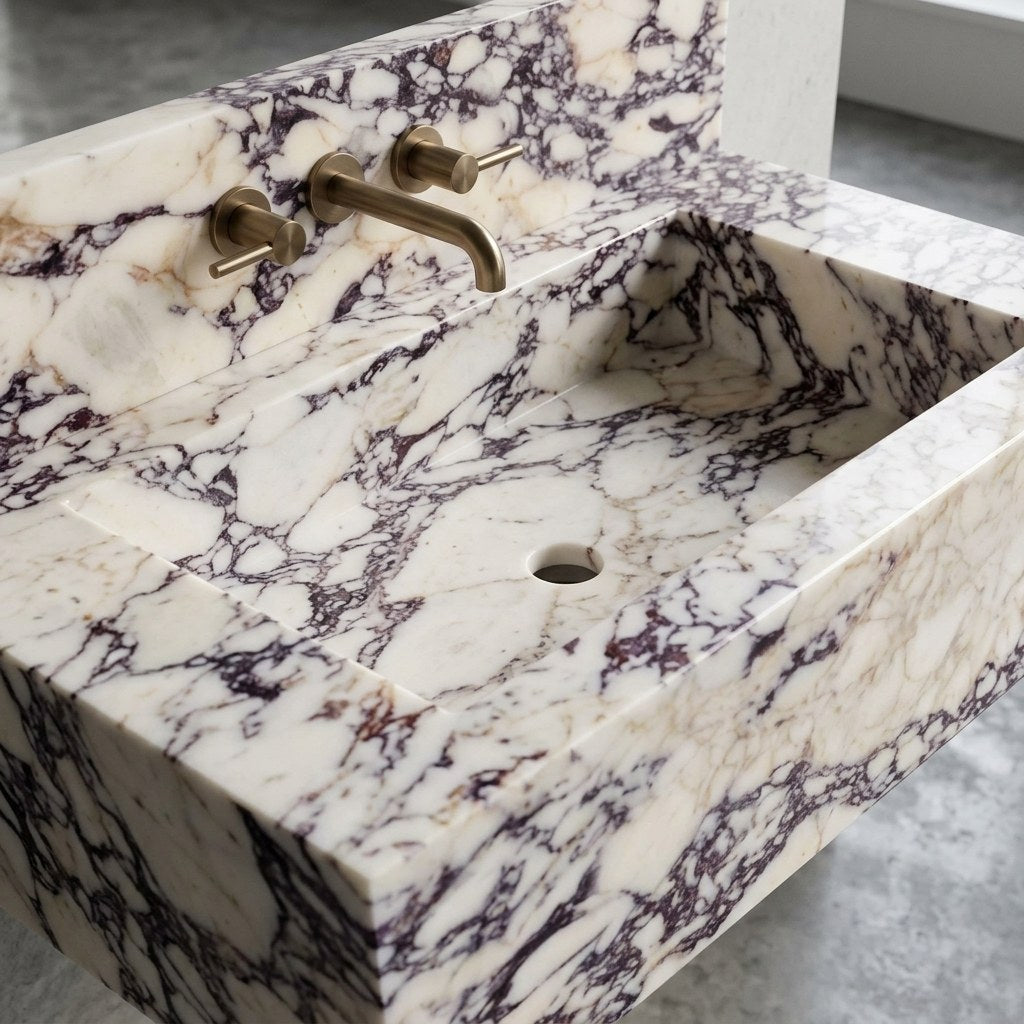 Calacatta Viola Marble Sink with Integrated Backsplash — detail — view 4
