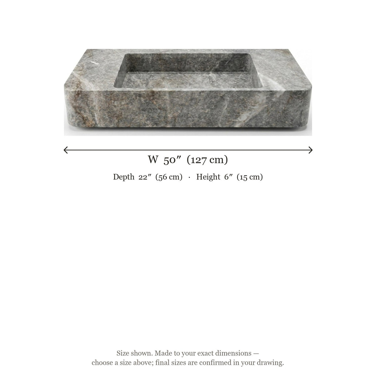 Polished Grey Marble Rectangular Vessel Sink — dimensions — view 5