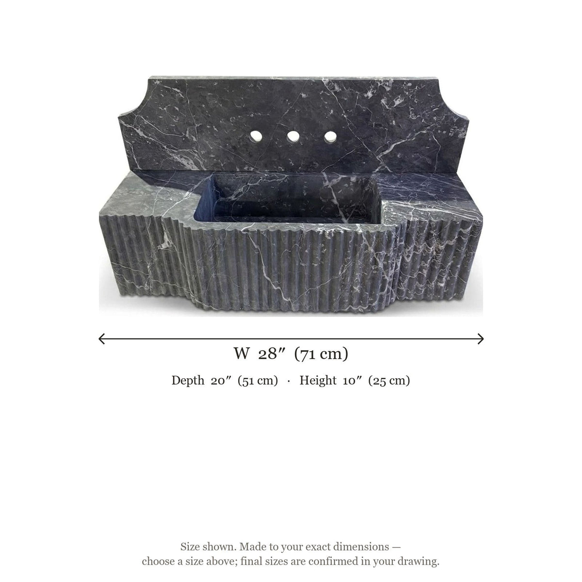 Pietra Notte Fluted Marble Sink with Backsplash — dimensions — view 5
