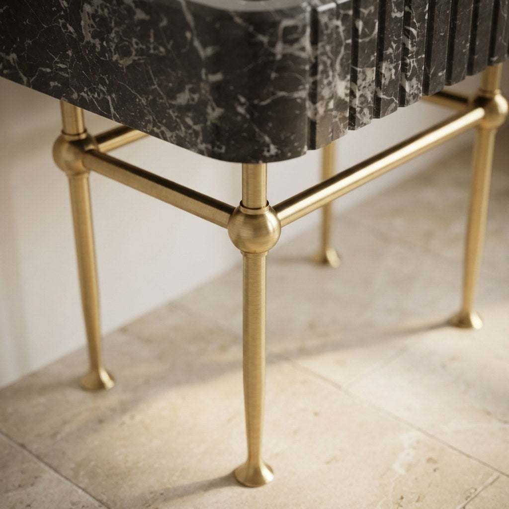 Pietra Notte Fluted Marble Sink with Brass Stand — detail — view 4