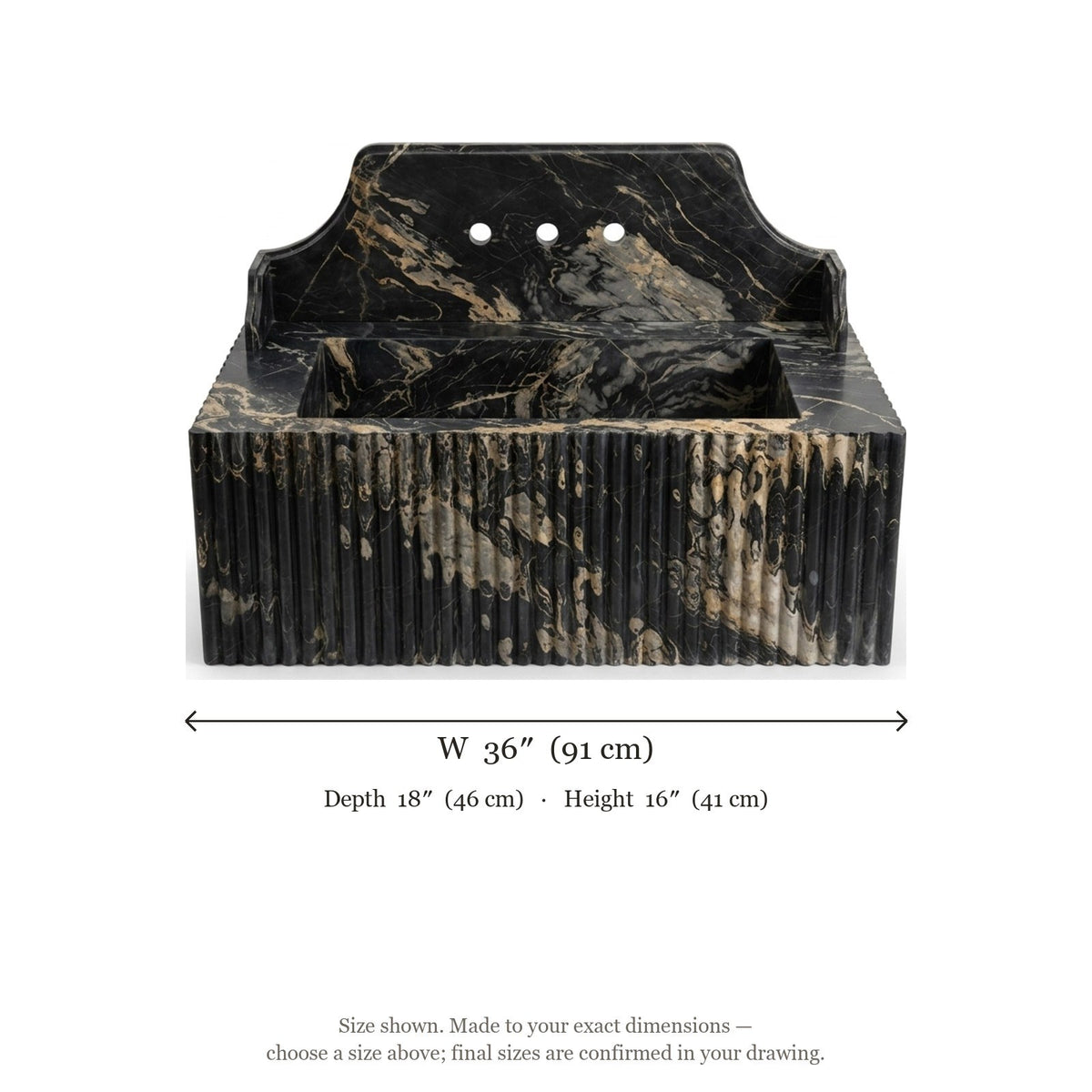 Picasso Honed Fluted Marble Sink with Backsplash — dimensions — view 5