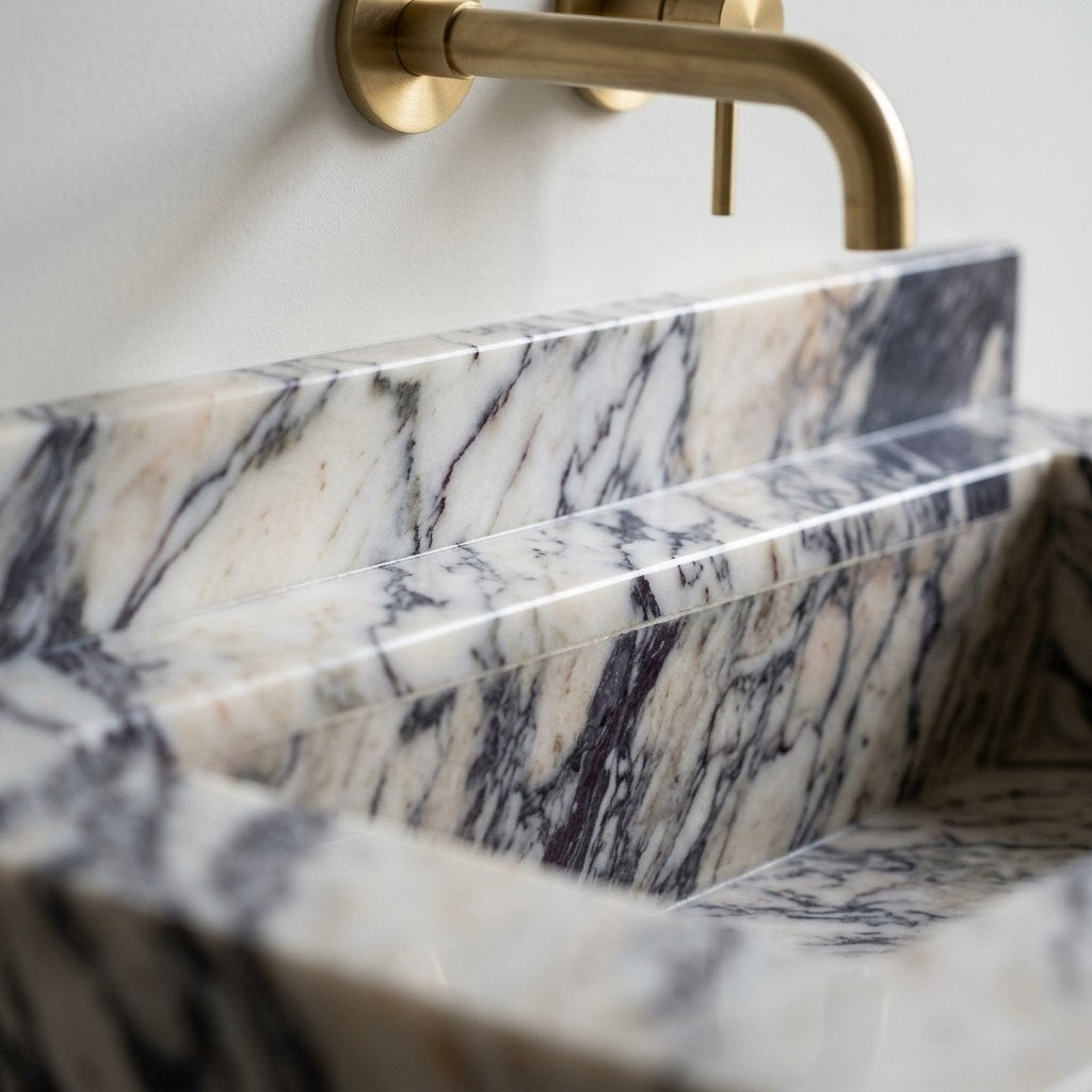 Calacatta Viola Honed Marble Sink with Backsplash — marble detail — view 3