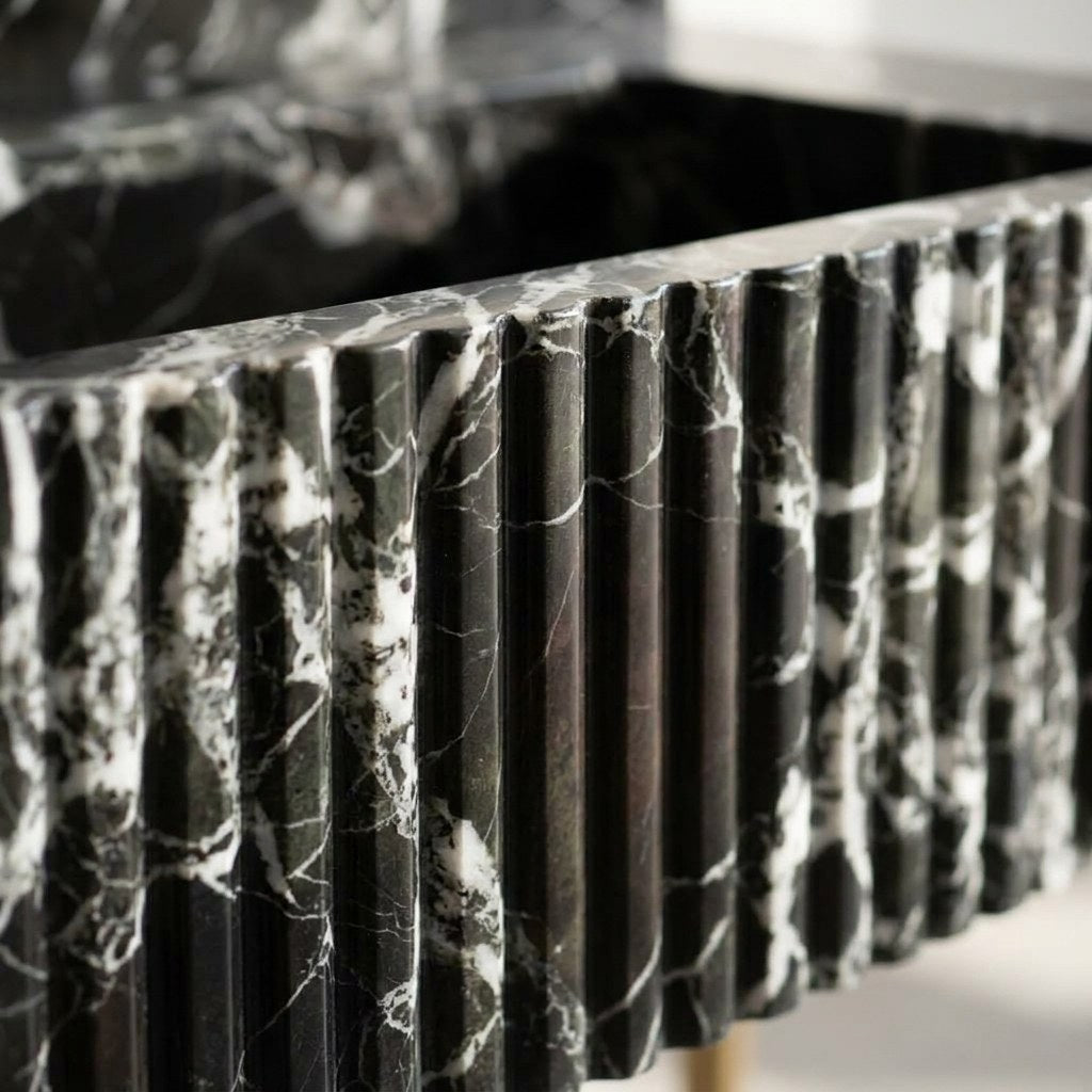 Verde Fluted Marble Sink with Brass Stand and Backsplash — marble detail — view 3