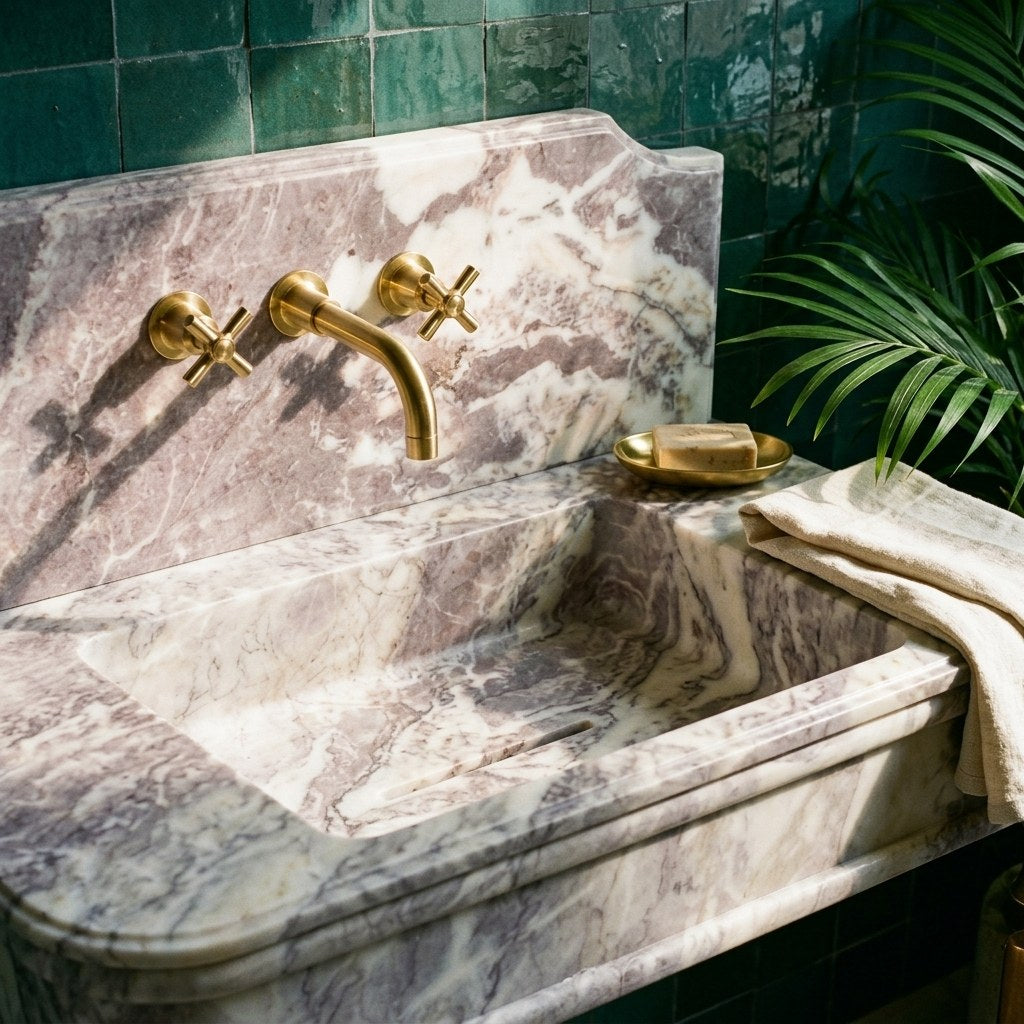 Lilac Honed Marble Sink with Integrated Backsplash — premium — view 2
