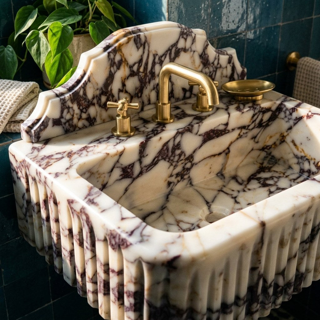 Calacatta Viola Fluted Marble Sink with Backsplash — premium — view 2