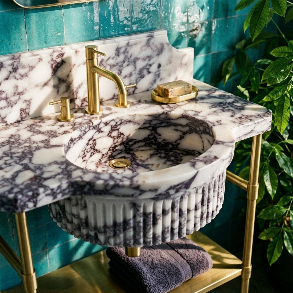 Calacatta Viola Fluted Marble Sink with Brass Stand — premium — view 2