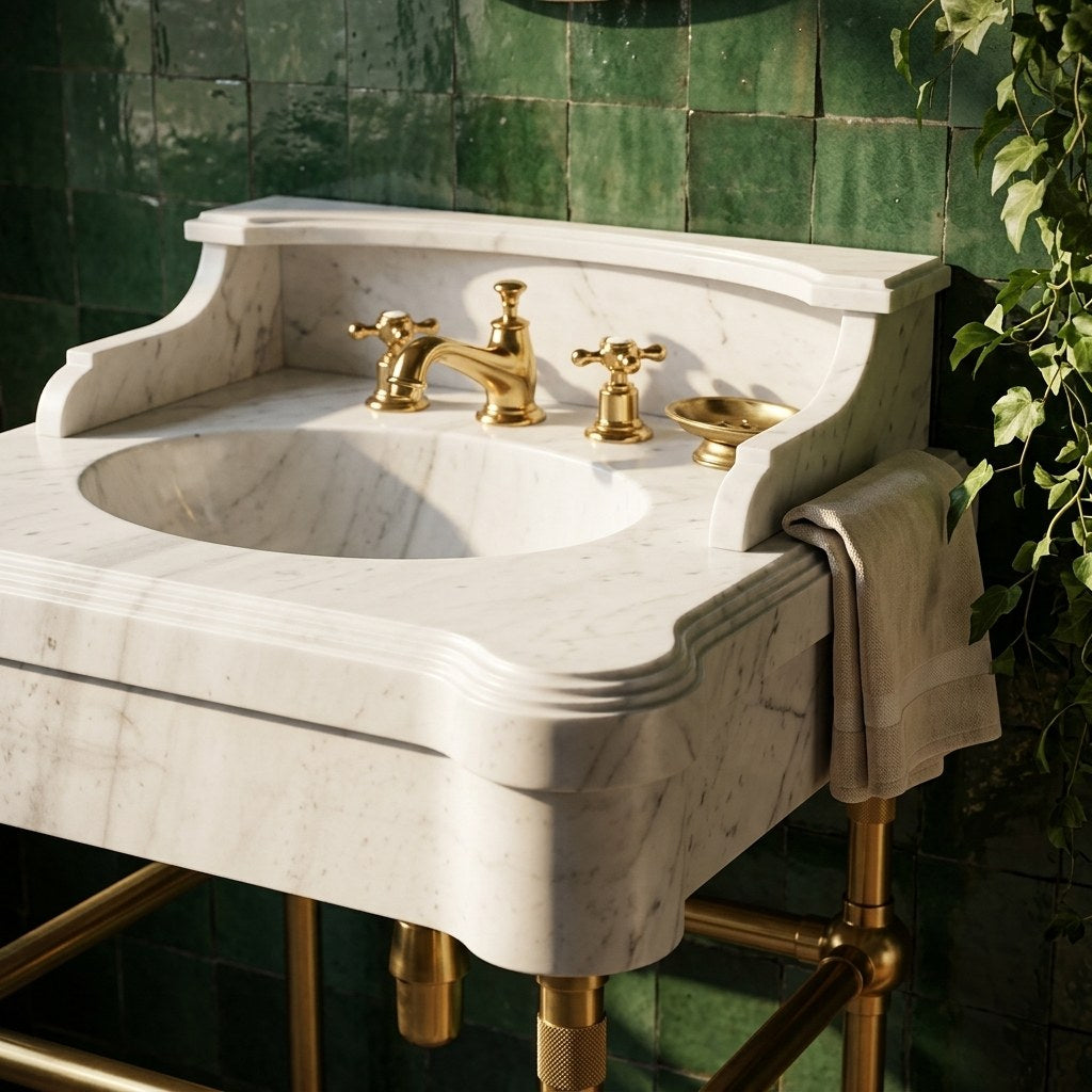 Carrara Marble Console Sink with Brass Stand and Backsplash — premium — view 2