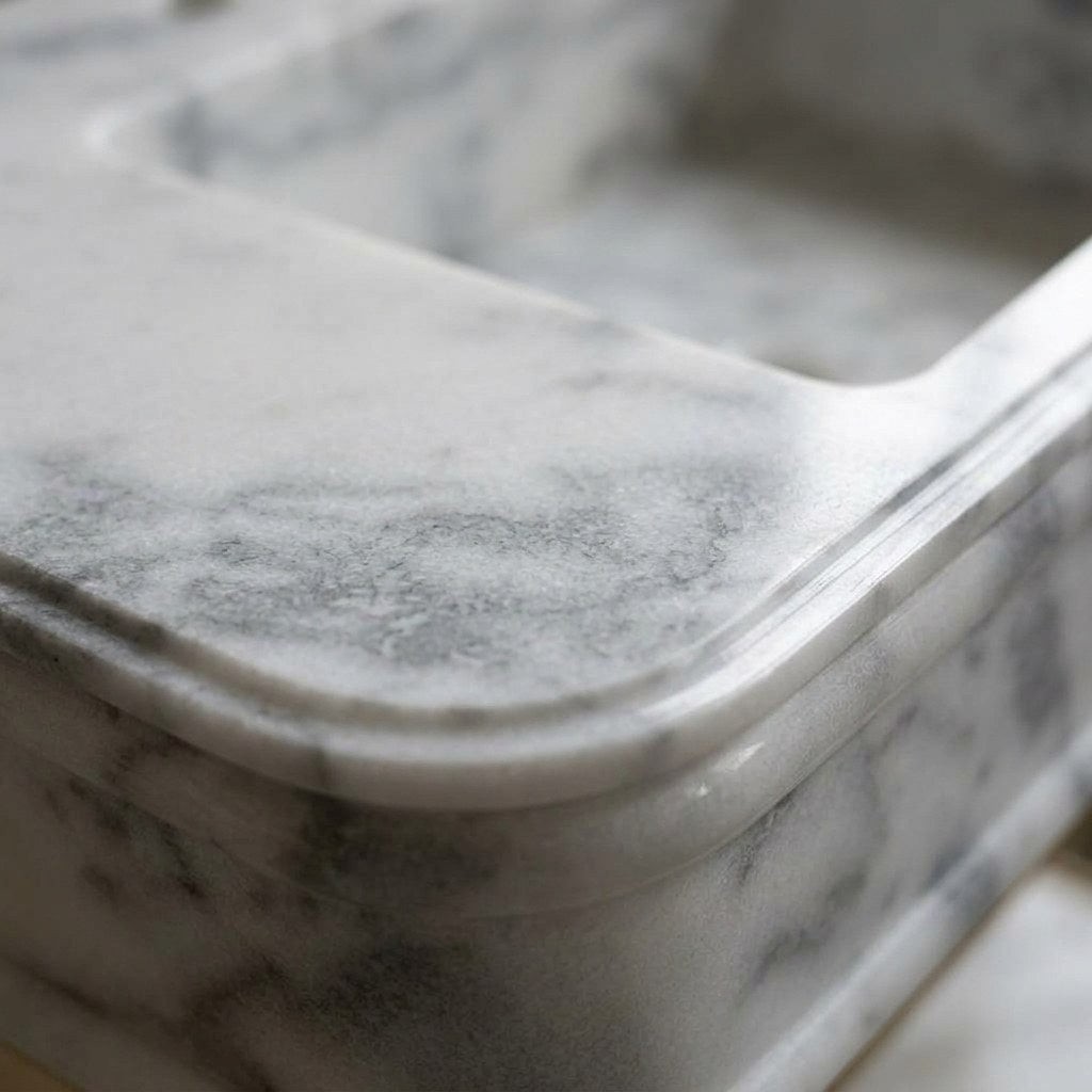 Carrara Marble Sink with Brass Stand — marble detail — view 2