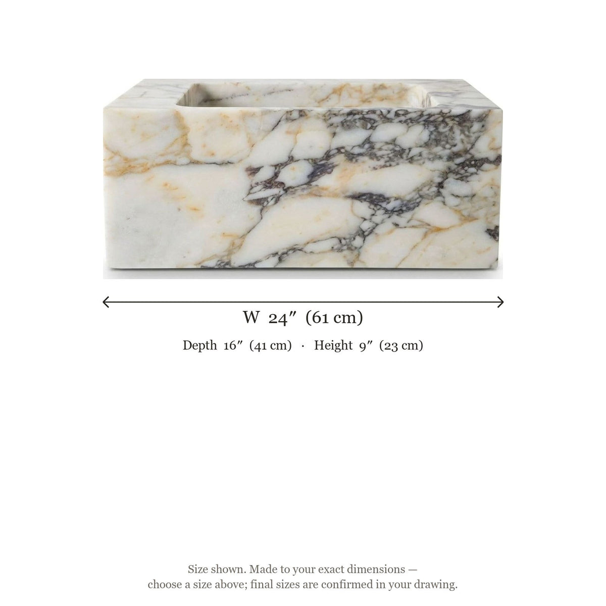Calacatta Viola Polished Marble Rectangular Vessel Sink — dimensions — view 5