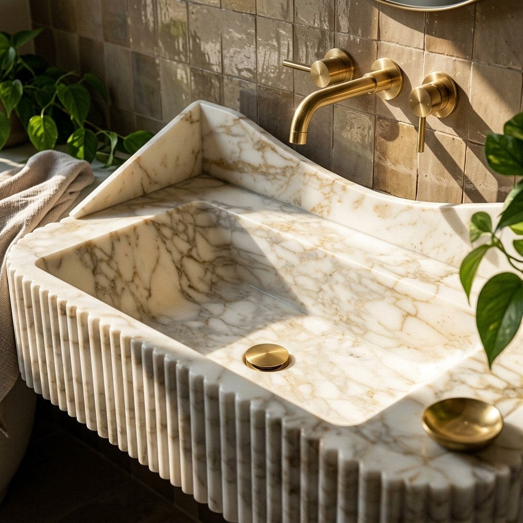Calacatta Gold Fluted Marble Sink with Curved Backsplash — premium — view 2