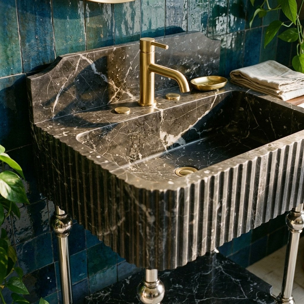 Pietra Notte Fluted Marble Sink with Metal Stand and Backsplash — premium — view 2
