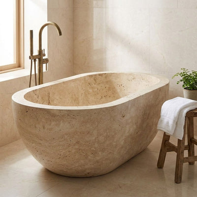 Polished Travertine Oval Freestanding Bathtub — premium