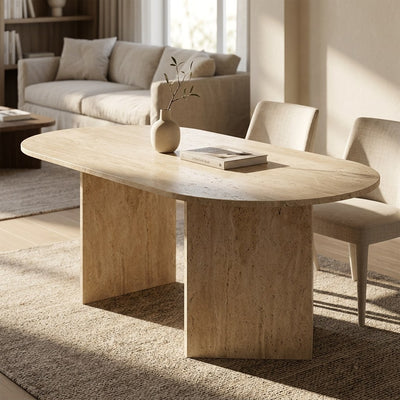 Honed Travertine Oval Table with Slab Base — premium