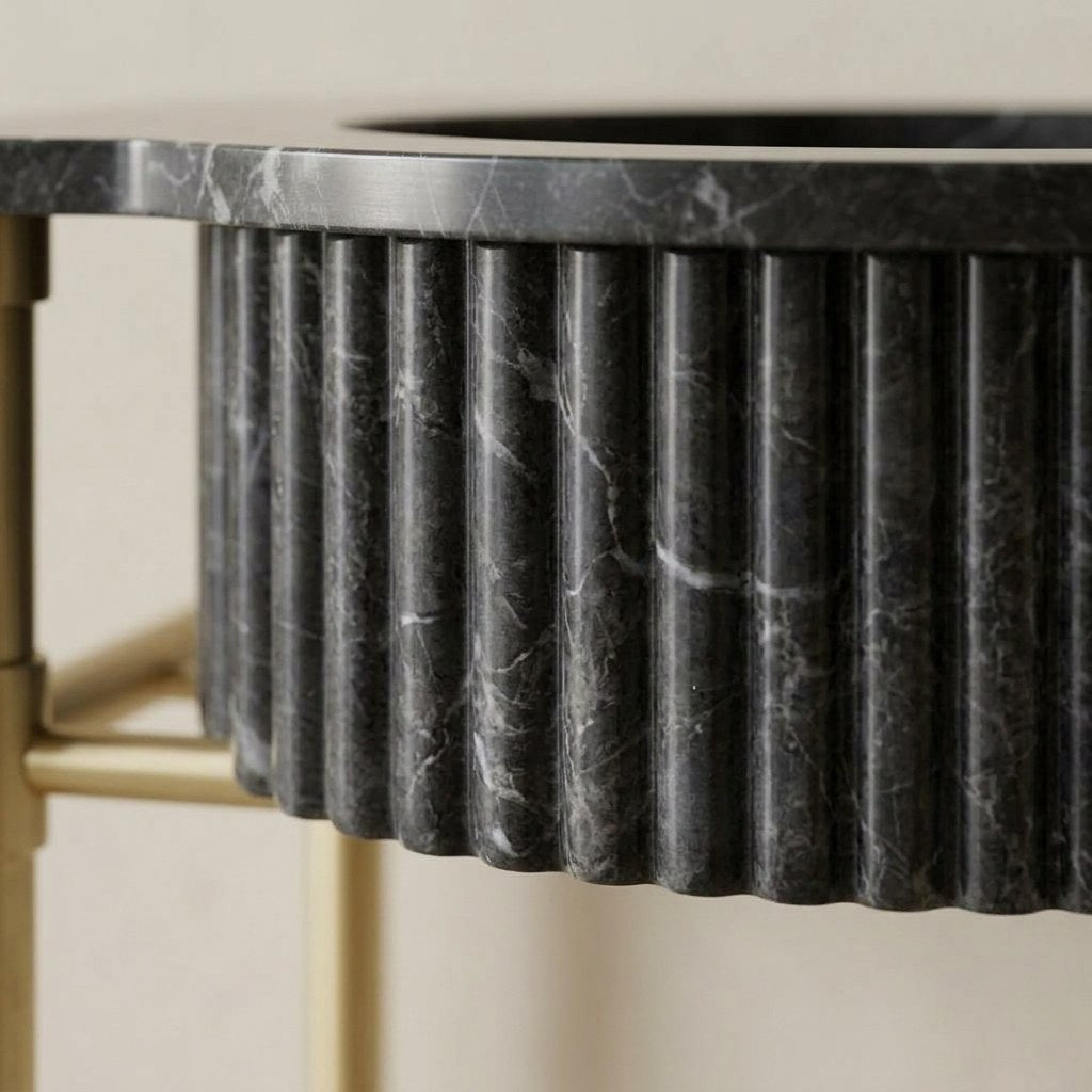 Pietra Notte Fluted Marble Sink with Champagne Gold Stand — marble detail — view 3