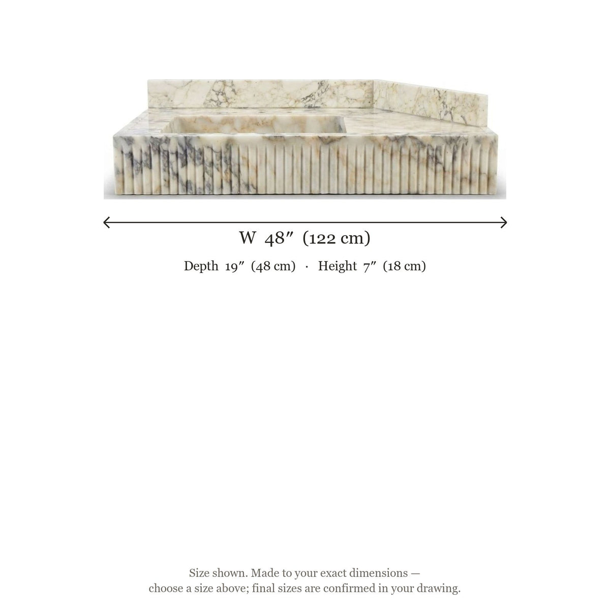 Calacatta Viola Fluted Marble Sink with Backsplash — dimensions — view 3