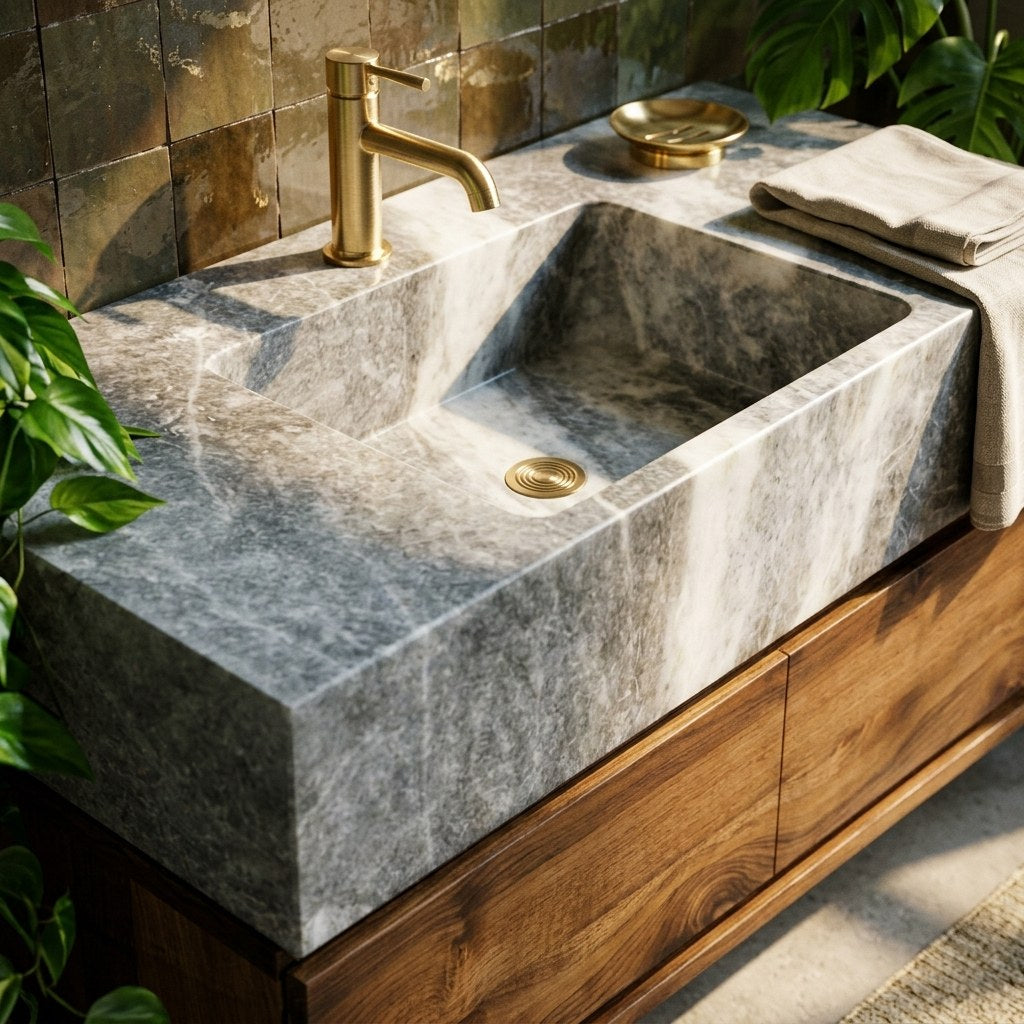 Honed Grey Marble Vanity Sink with Wood Cabinet — premium — view 2