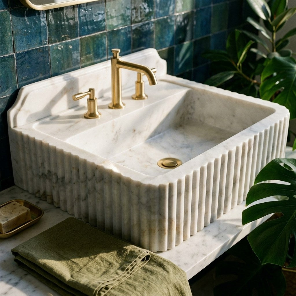 Carrara Fluted Marble Sink with Backsplash — premium — view 2