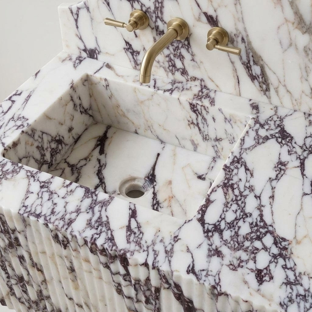 Calacatta Viola Fluted Marble Sink with Backsplash — detail — view 4