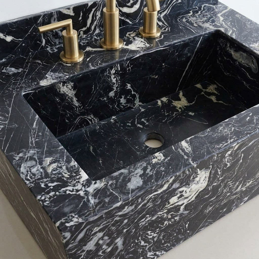 Nero Marquina Honed Marble Sink with Backsplash — detail — view 4