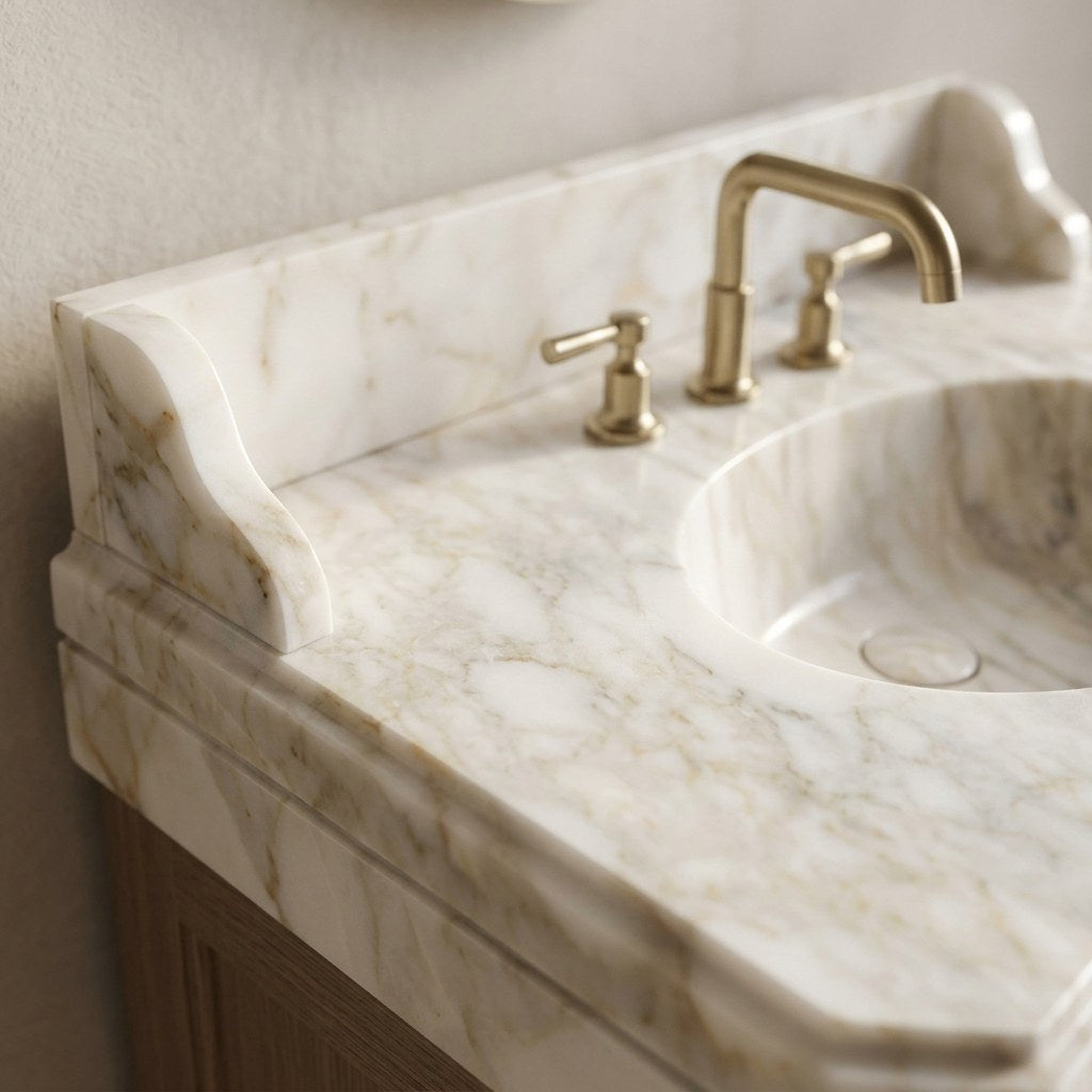 Calacatta Gold Honed Marble Sink with Backsplash — marble detail — view 3