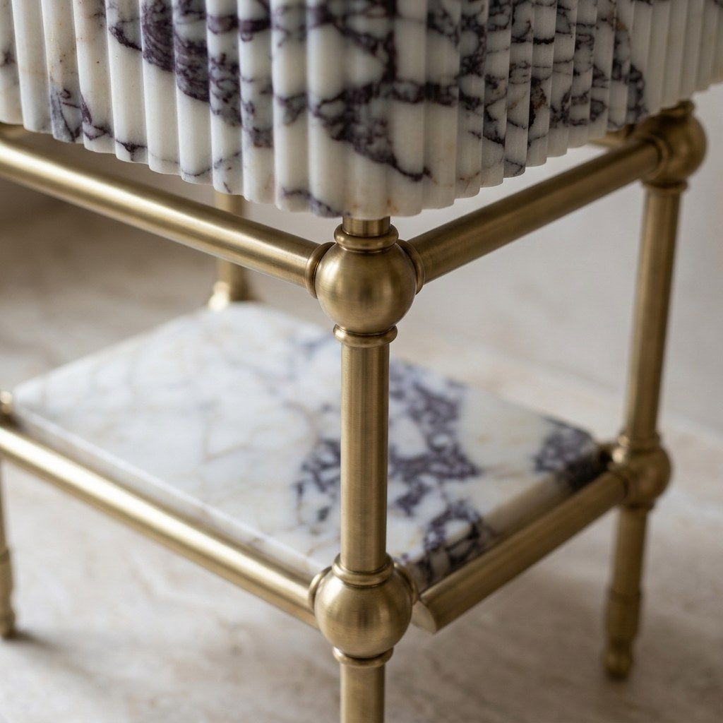 Calacatta Viola Fluted Marble Sink with Brass Stand — detail — view 4