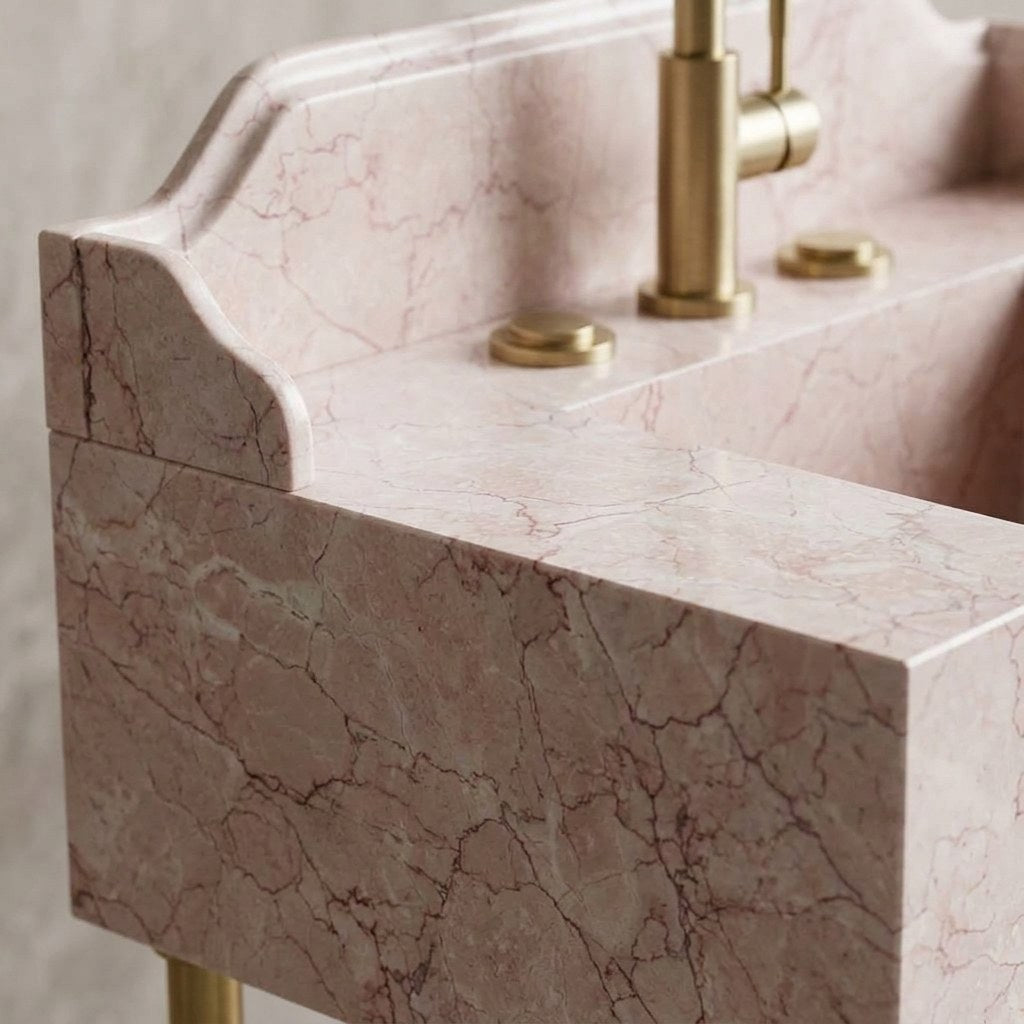 Pink Violet Marble Sink with Brass Legs and Backsplash — marble detail — view 3