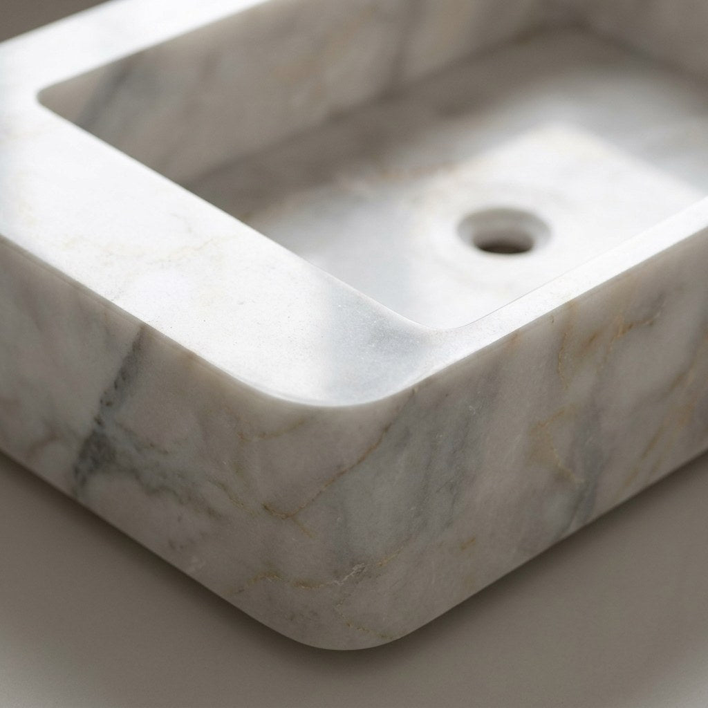 Carrara Marble Honed Rectangular Vessel Sink — marble detail — view 3