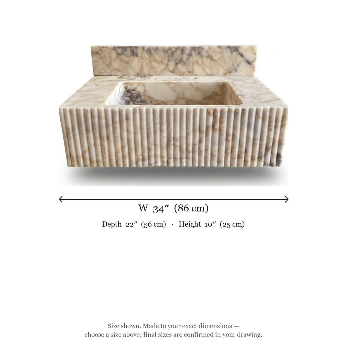 Calacatta Viola Fluted Marble Sink with Backsplash — dimensions — view 5