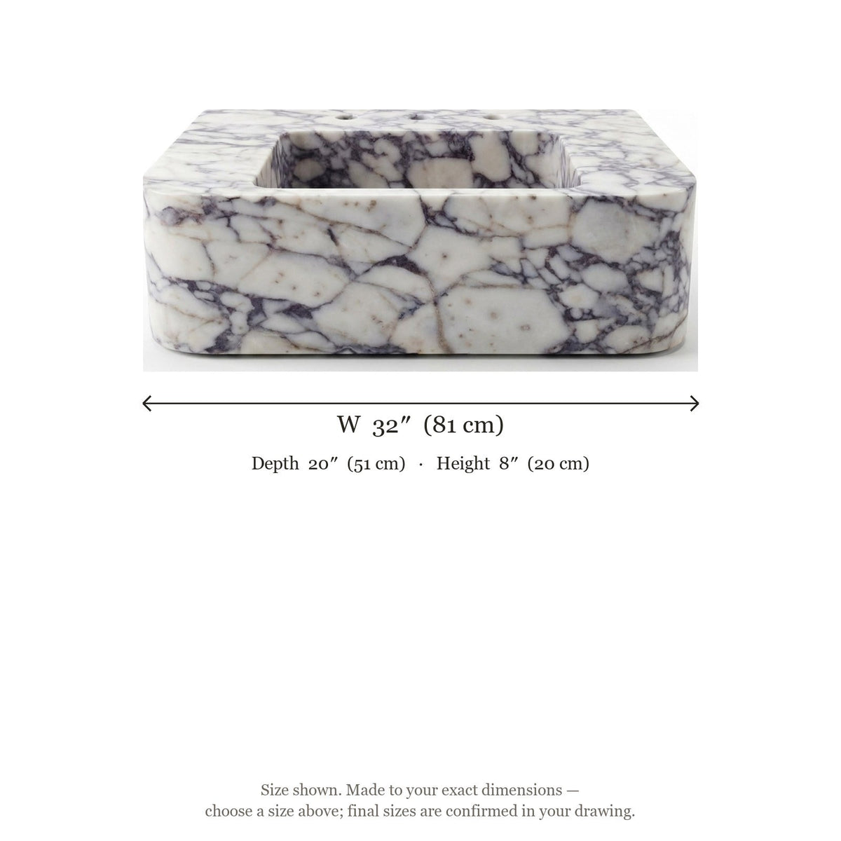 Calacatta Viola Polished Marble Sink with 3 Faucet Holes — dimensions — view 5