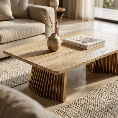 Honed Travertine Table with Sculptural Brass Base — premium