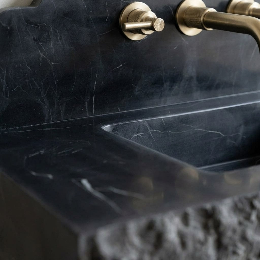 Nero Marquina Honed Marble Sink with Backsplash — marble detail — view 3