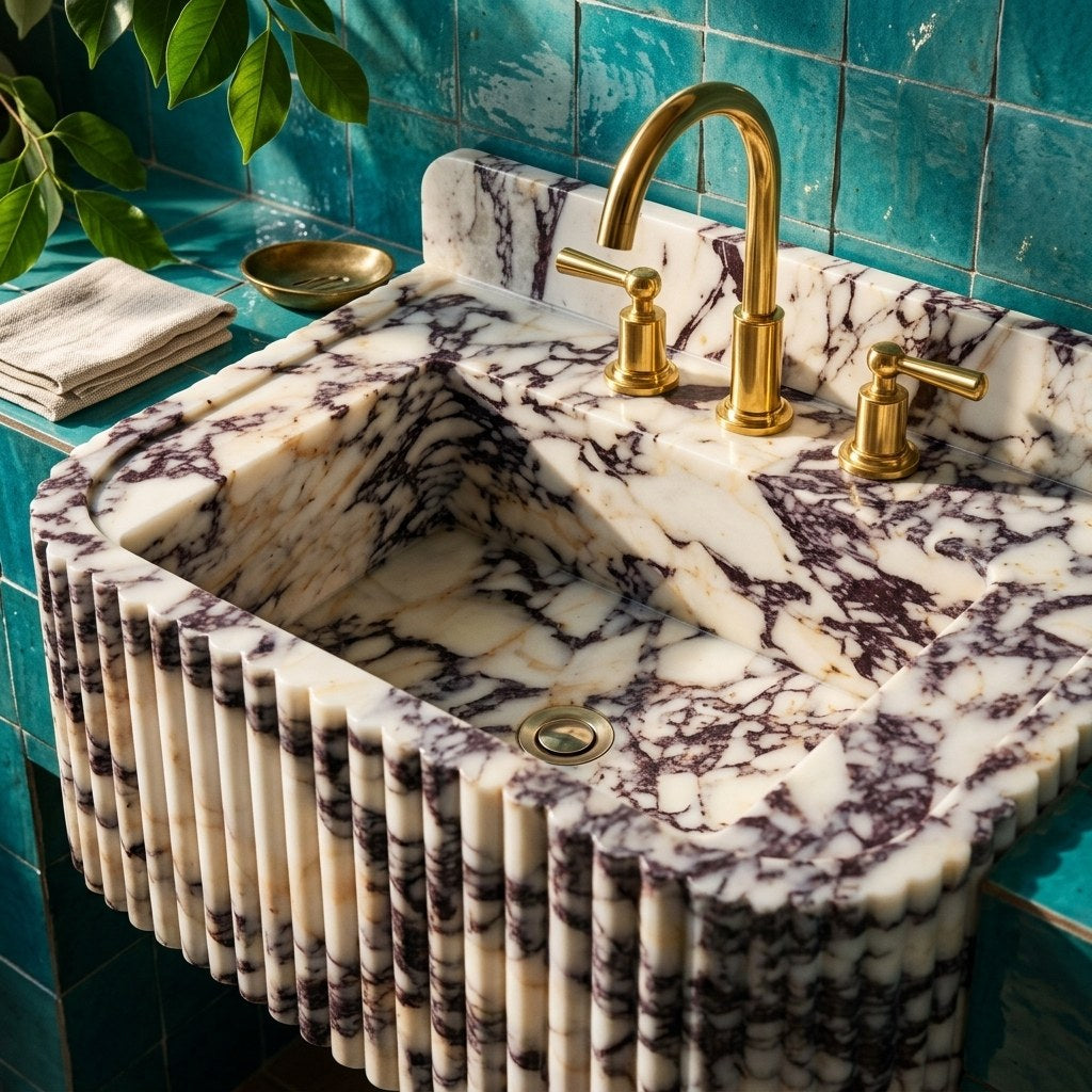 Calacatta Viola Fluted Marble Sink with Backsplash — premium — view 2