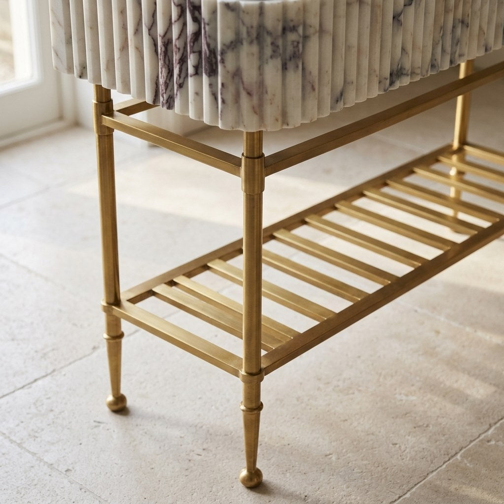 Calacatta Viola Fluted Marble Sink with Brass Stand and Backsplash — detail — view 3