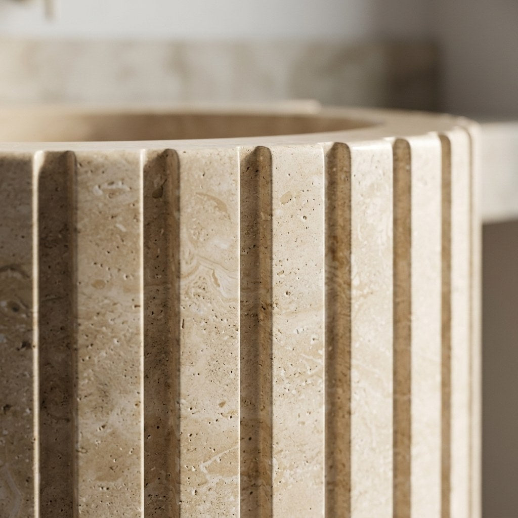 Honed Travertine Fluted Sink with Backsplash — marble detail — view 3