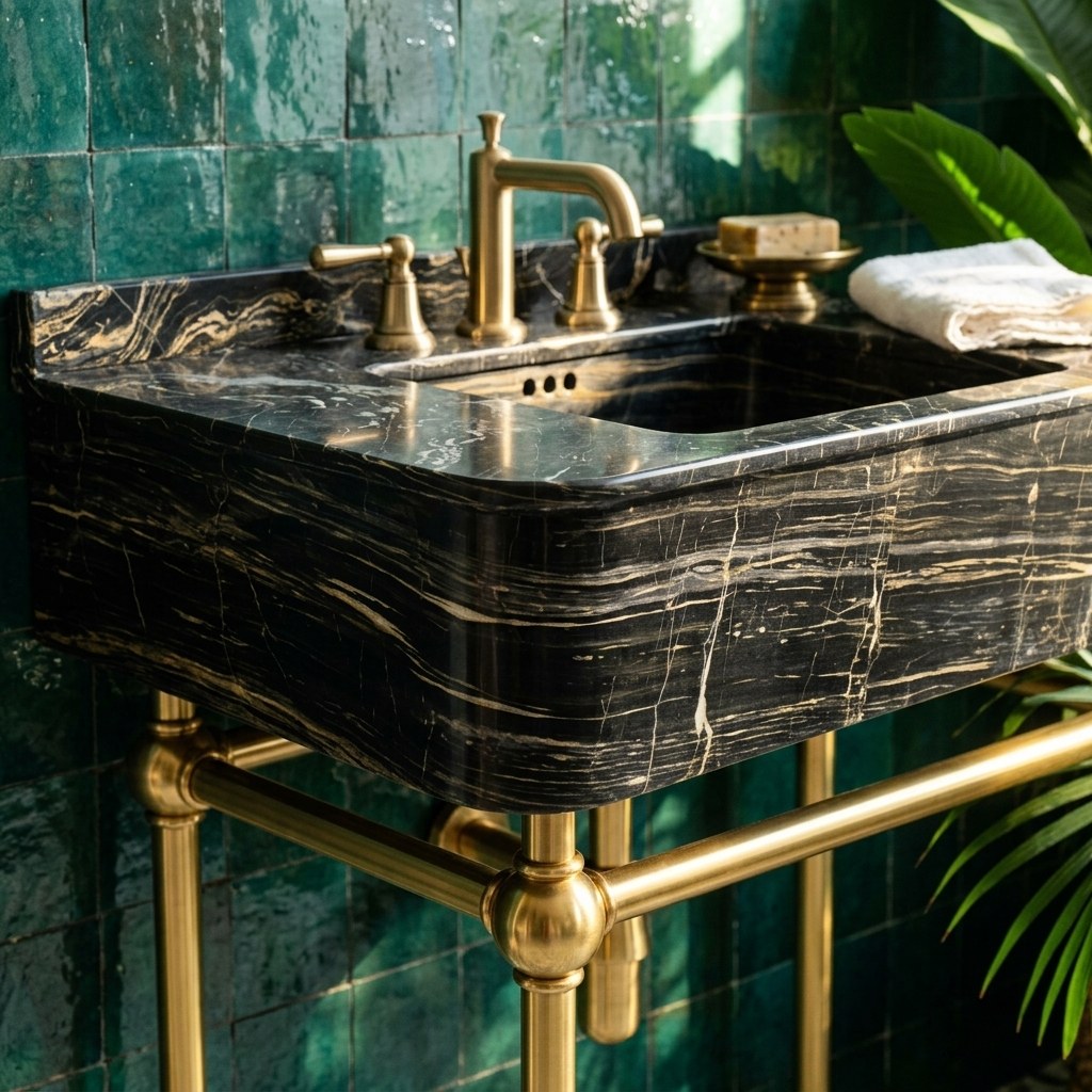 Picasso Marble Console Sink with Brass Stand and Backsplash — premium — view 2