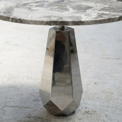 Carrara Marble Table with Geometric Brushed Steel Base — detail