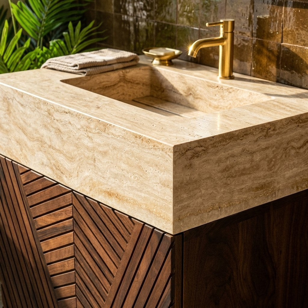 Polished Travertine Marble Vanity with Integrated Sink — premium — view 2