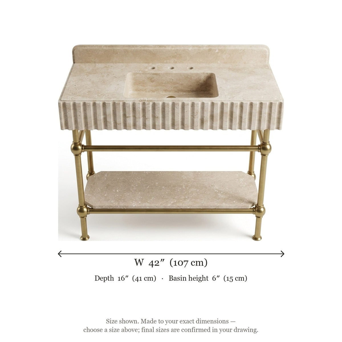 Fluted Travertine Console Sink with Brass Stand — dimensions — view 5
