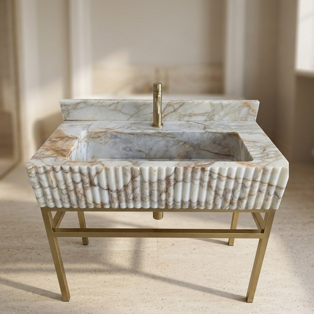 Calacatta Gold Fluted Polished Marble Sink with Metal Stand — detail — view 4
