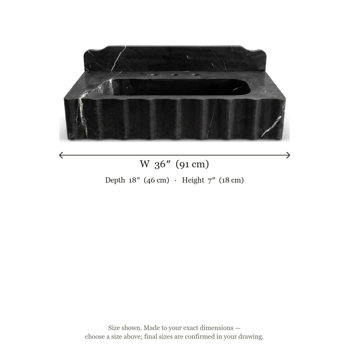 Nero Marquina Fluted Marble Sink with Backsplash — dimensions — view 5