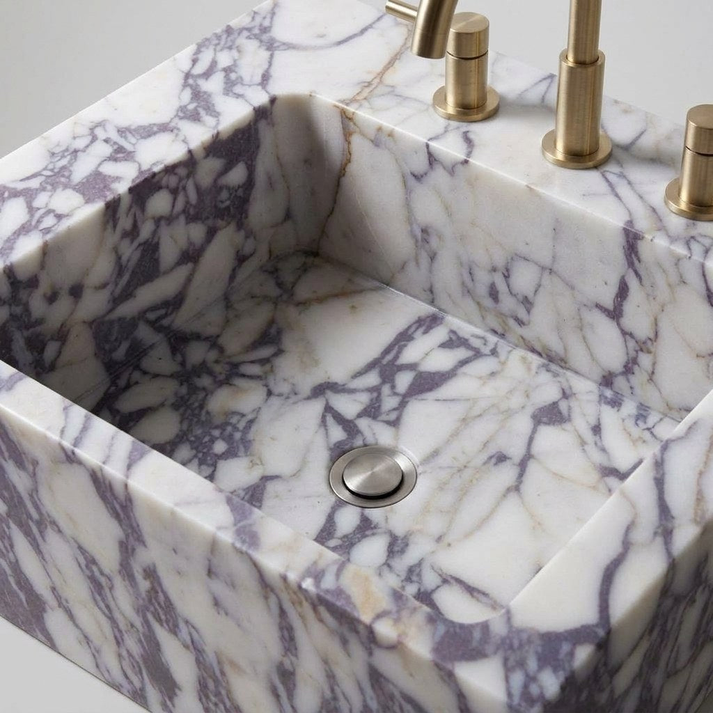 Calacatta Viola Honed Marble Sink with 3 Faucet Holes — detail — view 4